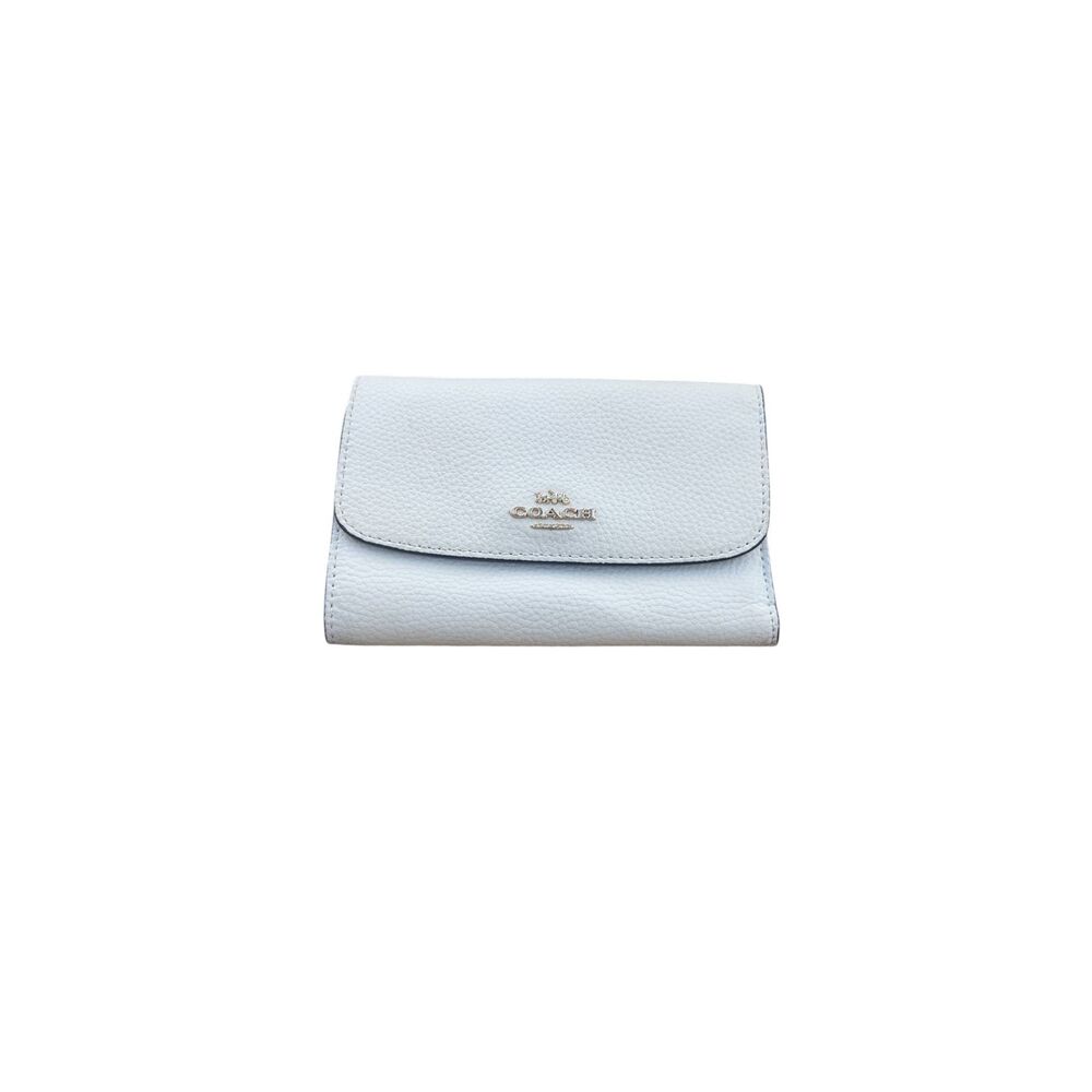 Coach White Pebbled Leather Tri Fold Wallet Snap Closure Card Organizer